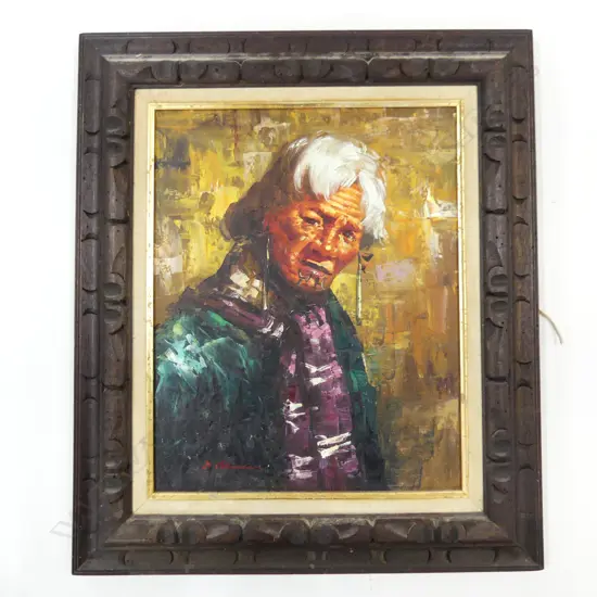 SIGNED PORTRAIT; OLDER MAORI WOMAN, OIL ON BOARD  490x390mm