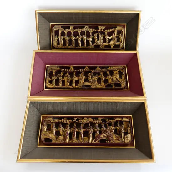 **RTV** 3 VINTAGE CARVED WOODEN ORIENTAL GILT PANELS, FRAMED 120x350mm (235x470mm overall)