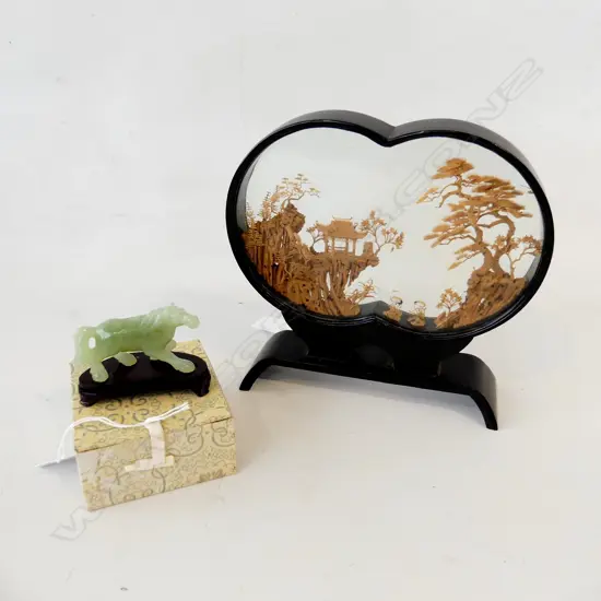 ORIENTAL CORK PICTURE (200 X 190mm) & ORIENTAL JADE HORSE WITH WOODEN STAND, IN BOX (L 80 Xmm)