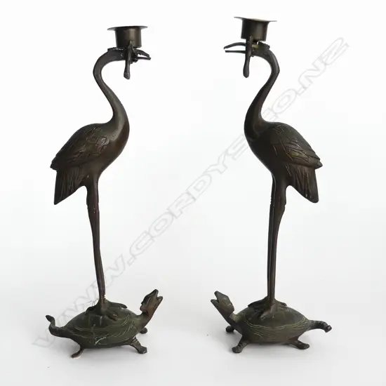 PR VINTAGE BRONZE CANDLE HOLDERS, CRANES ON TURTLES H. 280mm