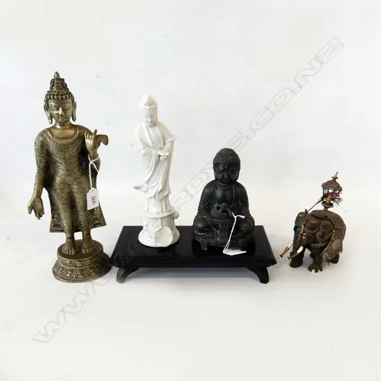 3 ASST. ORIENTAL FIGURES; BRASS BUDDHA H.325mm, WOODEN ELEPHANT, STAND 265x130mm