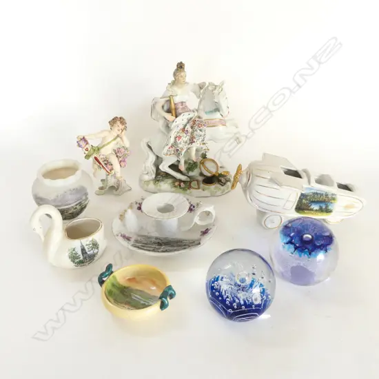 ASST. CHINA & PORCELAIN (SOUVENIR ETC) + 2 ART GLASS PAPERWEIGHTS
