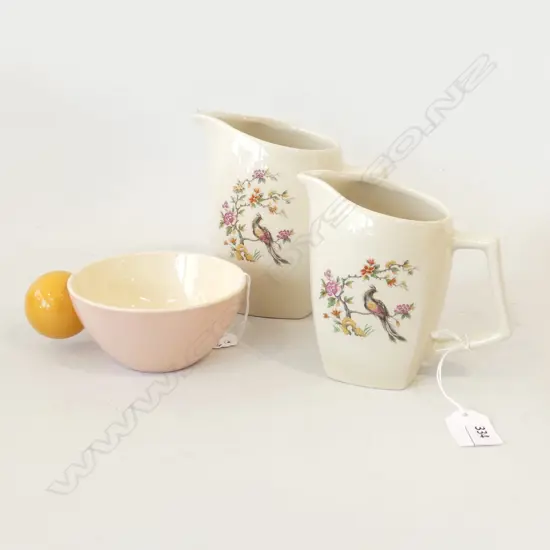 DOROTHY THORPE FOR CROWN LYNN 'SANTA BARBARA' CUP (FAULTED) + 2 TITIAN MILK JUGS H.130mm