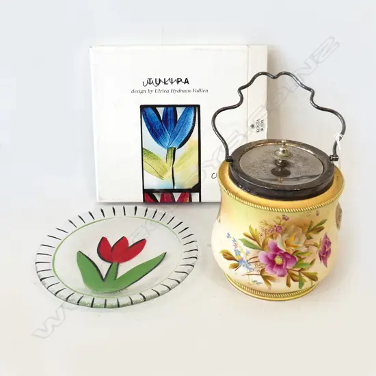 CARLTON WARE (ENG) BLUSH BISCUIT BARREL + KOSTA BODA TULIP PLATE, IN BOX