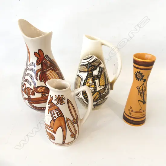 STUDIO ANNA  AUSTRALIANA HAND PAINTED POTTERY; 2 VASES (H. 235M 160mm) & 2 JUGS (H. 200, 135mm)