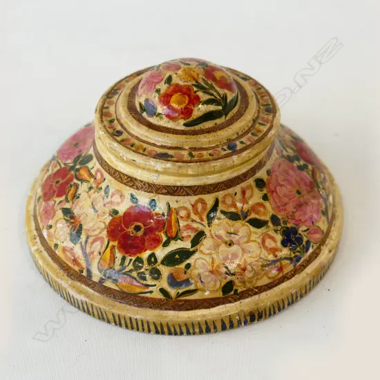 ANTIQUE FRENCH DECOUPAGE INK WELL WITH STONEWARE INSERT dia 100mm