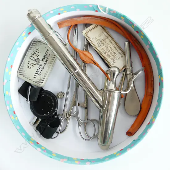 OLD MEDICAL INSTRUMENTS - SPECULUM WITH INSPECTION TORCH, SURGEONS NEEDLES, FORCEPS ETC