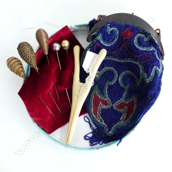 ANTIQUE BLUE BEADED BAG, VINTAGE GLOVE STRETCHERS, AND 5 HAT PINS