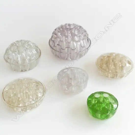 SIX VINTAGE PRESSED GLASS FLORIST FLOWER FROGS D. 65-120MM