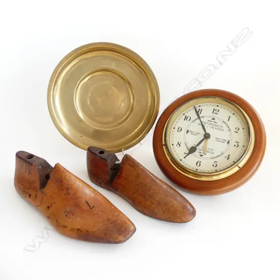 PR VINTAGE WOODEN SHOE LASTS, WALL CLOCK w. TIDES 225mm dia, CHINESE BRASS PLATE 240mm dia