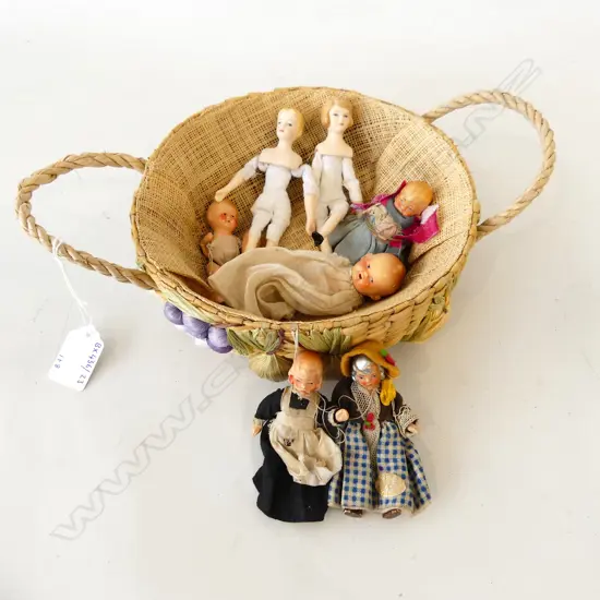 CANE BASKET 320MM WITH COLLECTION 8 VINTAGE BABY DOLLS LARGEST 265MM