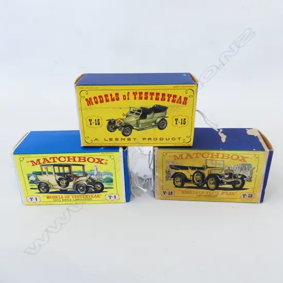 3 MINT & BOXED MATCHBOX YESTERYEAR VINTAGE CARS Y5 Y13 Y15 L90MM