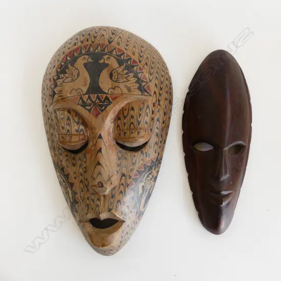 2 CARVED WOODEN AFRICAN TRIBAL MASKS, 1 SM (L. 168mm) & LG (340mm)