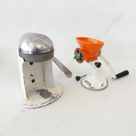 VINTAGE JUICE O-MAT JUICER / PRESSER C. 1950's  & SPONG STAINLESS STEEL MEAT GRINDER