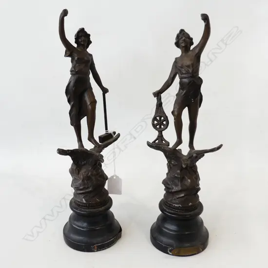 PR EARLY 20thC SPELTER FIGURES; 'LE COMMERCE' & 'L' INDUSTRIE' H.355mm