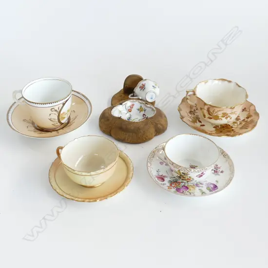 5 ANTIQUE CUPS AND SAUCERS – ROYAL WORCESTER, DRESDEN ETC, SOME FAULTS