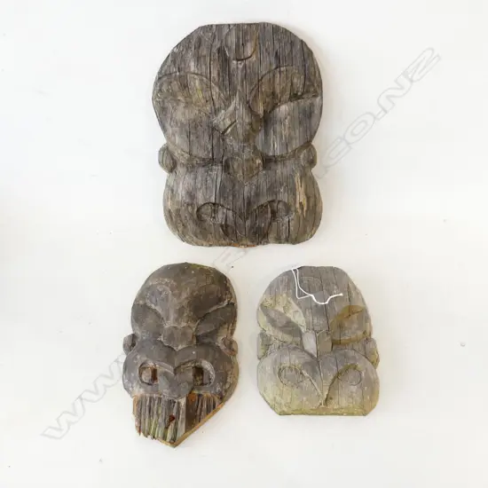 3  VINTAGE MAORI TOI WHAKAIRO CARVINGS 200MM-300MM