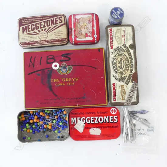 COLLECTION 6 OLD TIN BOXES INCL CIGAR & MEDICAL + 14 PEN NIBS