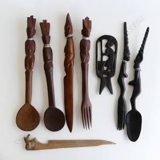 COLLECTION OF CARVED WOODEN AFRICAN SERVING UTENSILS ETC 