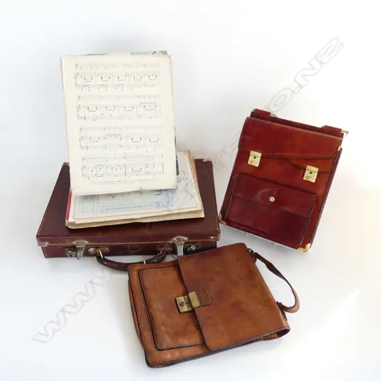 2 LEATHER SATCHELS + BRIEFCASE w. SHEET MUSIC W.405mm