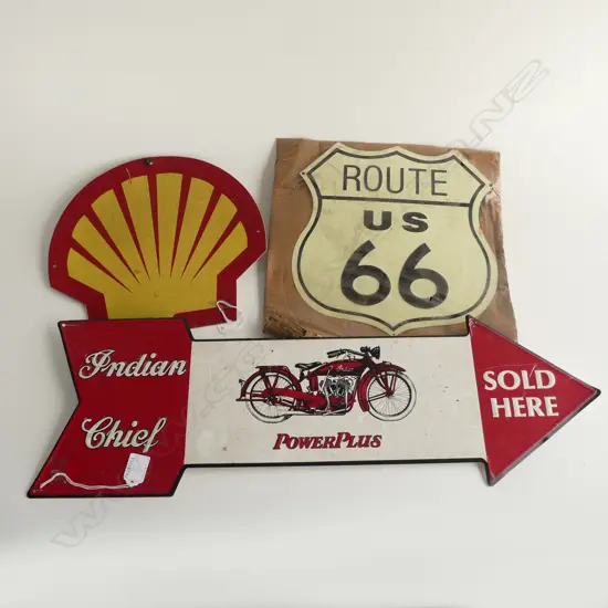 3 TIN ADVERTIZING SIGNS INDIAN CHEIF DEALERSHIP L680MM ROUTE 66 H290MM & SHELL SIGN H280MM