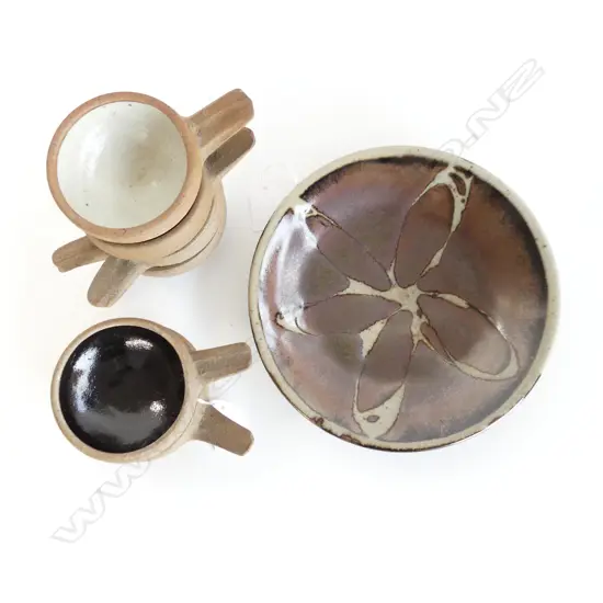 6 LEACH POTTERY STANDARD WARE RAMEKINS 90mm dia + STUDIO POTTERY DISH w. WAX RESIST DECORATION, STAMPED 205mm dia 