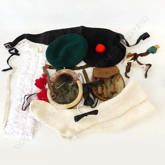 BAG ASST. SCOTTISH COSTUME; 2 SPORRANS, 2 BERETS ETC