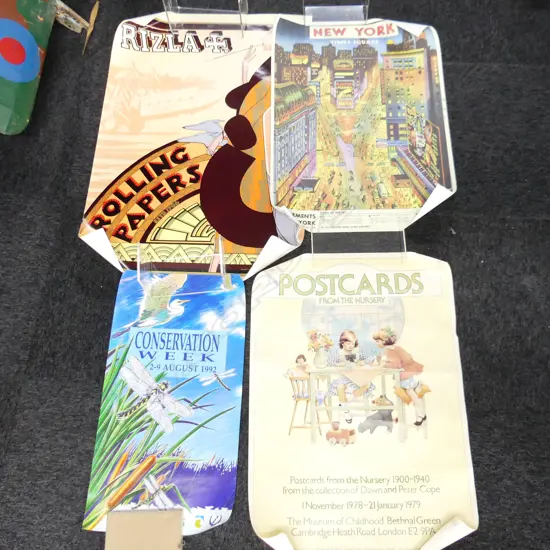 4 OLD ADVERTISING POSTERS; POSTCARD FROM THE NURSERY 78-79 UK MUSEUM, RIZLA, NY TIMES SQ '50 & CONSERVATION WEEK '92