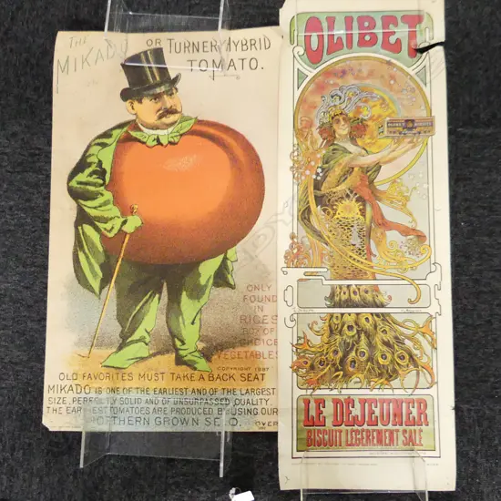 2 OLD ADVERTISING PRINTS; MIKADO FRUITS (US) & ART NOUVEAU OLIBET BISCUITS (US) (FRENCH) COCORICO GRAPHICS LA (TORN)