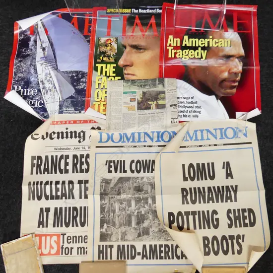 8 VINTAGE BILLBOARD POSTERS; 1995 TIMES, AMERICA'S CUP, OKLAHOMA BOMBING, OJ SIMPSON, LOMU, FRENCH NUCLEAR TESTING