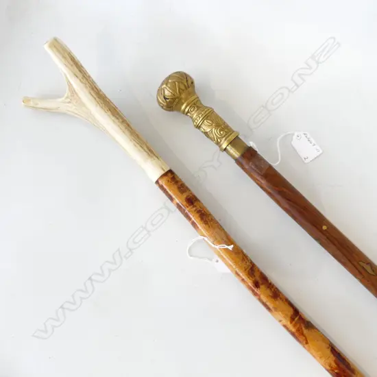 WALKING CANE WITH BRASS HANDLE & INLAY + WOODEN STAFF WITH BONE CROWN L970MM-1152MM
