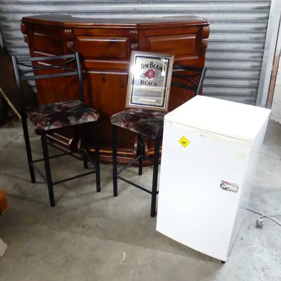 STAINED PINE BAR 1600x600x1210mm, BAR FRIDGE & TWO BAR STOOLS + JIM BEAN MIRROR