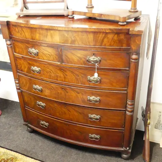 19thC MAHOGANY BOW FRONT CHEST OF DRAWERS 1210x555x1290mm  some faults
