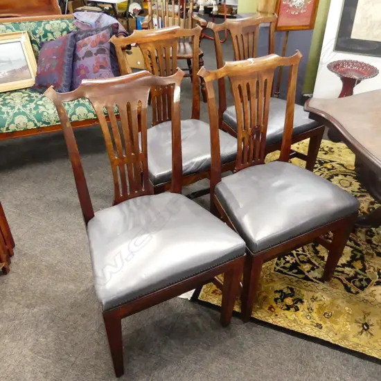 4 ANTIQUE CHIPPENDALE STYLE DINING CHAIRS - BLUE LEATHER SEAT