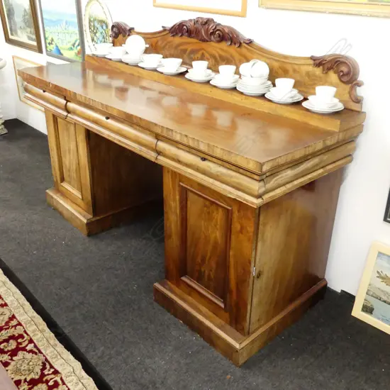 VICTORIAN TWIN PEDESTAL FLAME MAHOGANY SIDEBOARD (FAULTS) 1975x675x1280mm
