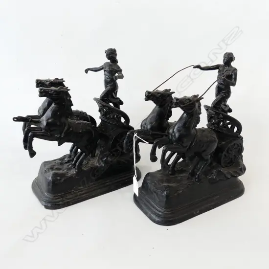 PR VICTORIAN SPELTER FIGURES; EACH 2 HORSES & CARRIOT RIDER H.300mm