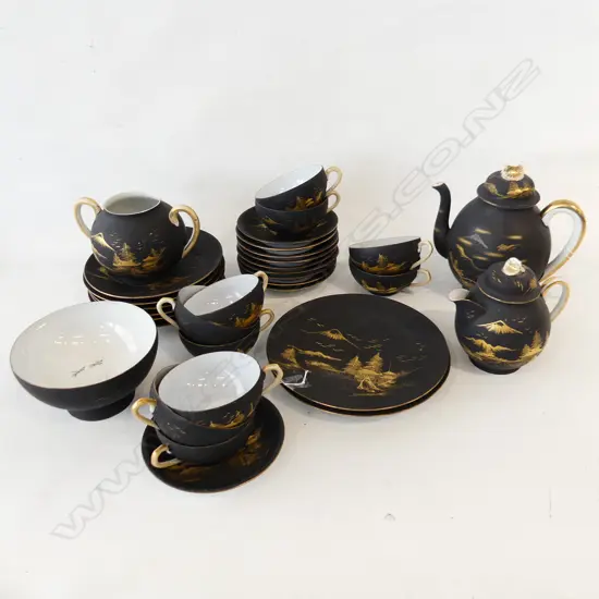 BLACK & GOLD JAPANESE TEA SET; 10 C&S, 6 PLATES, TEAPOT, WATER POT, SUGAR BOWL(NO LID), 2 CAKE PLATES, TEA LEAF CUP