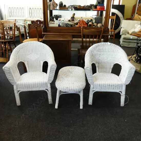 PR WHITE PAINTED CANE CHAIRS & TABLE (white tape repairs)