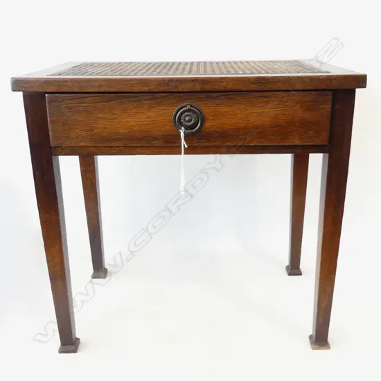 DARK STAINED WOODEN BED SIDE TABLE  WITH RATTAN TOP 