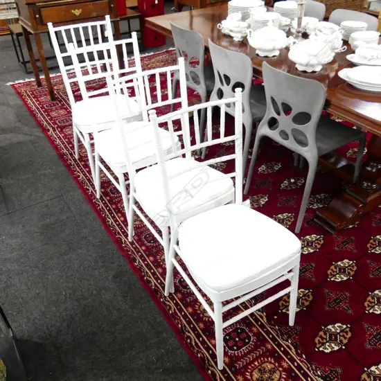 4 WHITE METAL FAUX BAMBOO CHIAVARI CHAIRS w. 4 CUSHIONS
