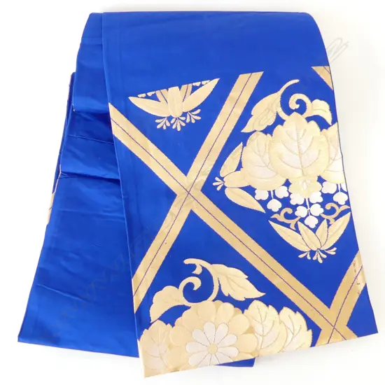 VINTAGE JAPANESE SILK OBI DEEP COBALT AND GOLD WITH FLORAL PATTERN L.4060mm