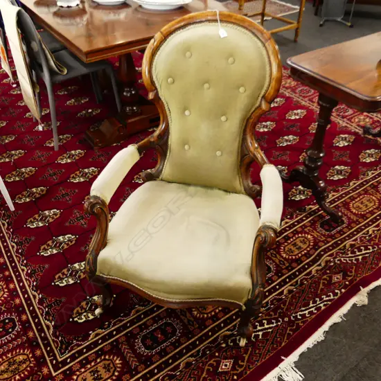 VICTORIAN GRANDFATHER CHAIR - PALE GREEN VELVET UPHOLSTERY - FRAME w FAULTS 