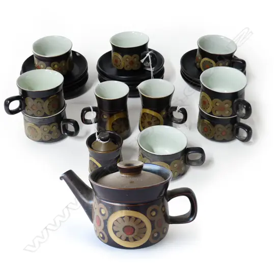 DENBY 'ARABESQUE' TEA SET, POT (H.135mm)7CUPS & SAUCERS, MILK & SUGAR, ADDIT. SM CUP & SAUCERS, FAULTS (15)