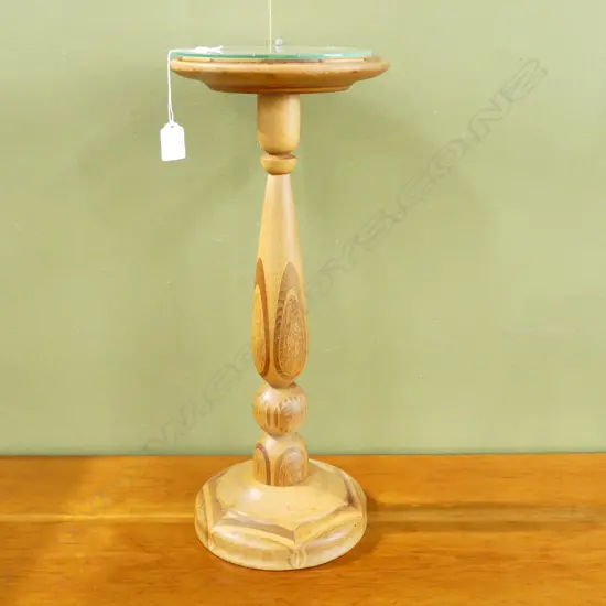 SM WOODEN PLANT STAND, CARVED PEDESTAL, INLAID BASE & TOP WITH GLASS , H. 500 DIA 210mm