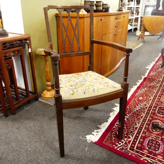 EDWARDIAN MAHOGANY ARM CHAIR w. NEEDLEWORK SEAT