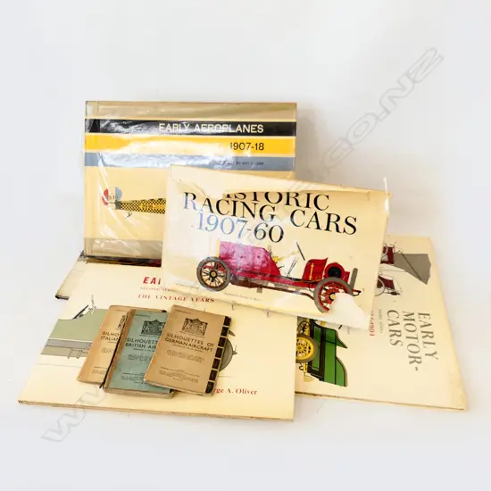 5 ASST. BOOKS; EARLY CARS ETC + 3 BOOKLETS; SILHOUETTES OF AIRCRAFT