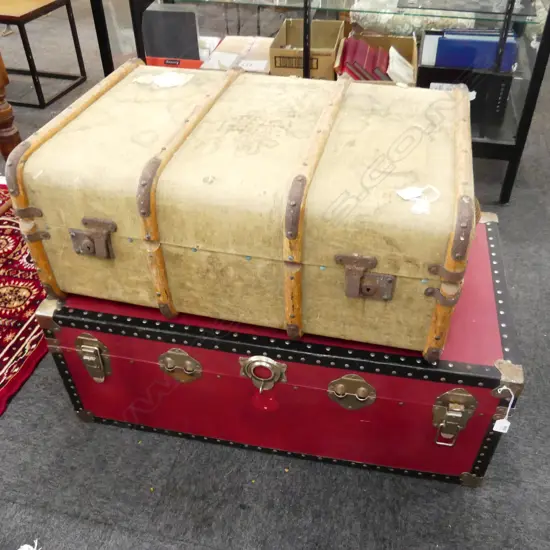 2 VINTAGE CANVAS TRUNK  640 X 500mm & RED TRUNK 910 X 510mm