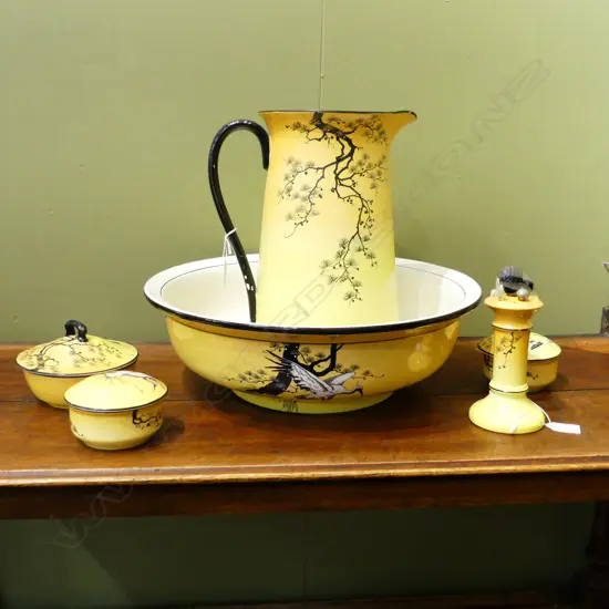 ENGLISH CHINA TOILET SET. INCLUDING LARGE JUG BASIN HAT PIN HOLDER ETC.' HERONA ' PATTERN RD 1925.