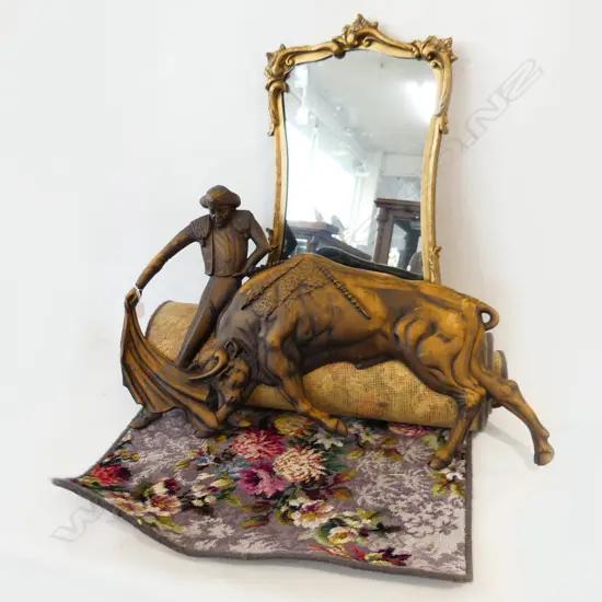 GILT WALL MIRROR H. 600 AND BULLFIGHTER PLASTIC WALL PLAQUE W.900mm AND MODERN RUNNER L.3600mm X 700mm WIDE