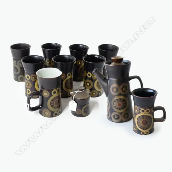 DENBY 'ARABESQUE' COFFEE SET, TALL POT (H.235mm), 8 COFFEE MUGS, SUGAR & SPARE, FAULTS (11)